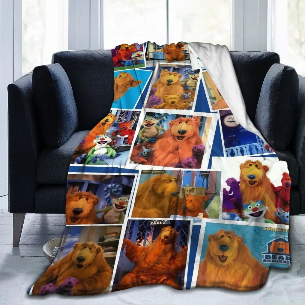 Big Blue House Bear Flannel Blanket, Ultra Soft Aesthetic Cartoon Throw for All Seasons, Cozy Home Decor Essential for Sofa & Bed, Perfect Graduation Gift, Travel Friendly Camping Blanket, Nostalgic Birthday Gift Choice