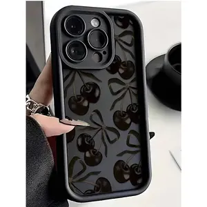 [Must-Have]1Pc Black Bow Ribbon Matte Fashion Cherry Pattern Lens Protection Anti-Drop Leopard & Cherry Pattern Phone Case, Personalized Compatible With Iphone 16 Pro Max, 15/14 Plus, 13, 12, 11, Compatible With Samsung Series Waterproof Shockproof Scratc