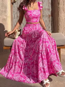 Elegant Floral Print Ruffle Sleeve Halter Dress, Summer & Spring Casual Matching Set, Two-Piece Digital Print Skirt, Party Gathering Dress