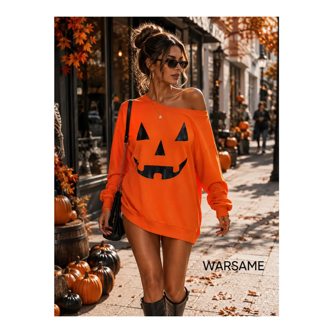 WARSAME YUSUF STORE Women Off Shoulder Halloween Sweatshirt Graphic Oversized Pumpkin Face Long Sleeve Pullover Loose Spooky Season Fall Jumper Top