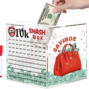 10k Smash Box for Money, Piggy Bank for Adults 10000 Savings Challenge Box, Money Saving Box for Cash, Unbreakable Clear Acrylic Money Saver Must Break to Open,Graduation Gift