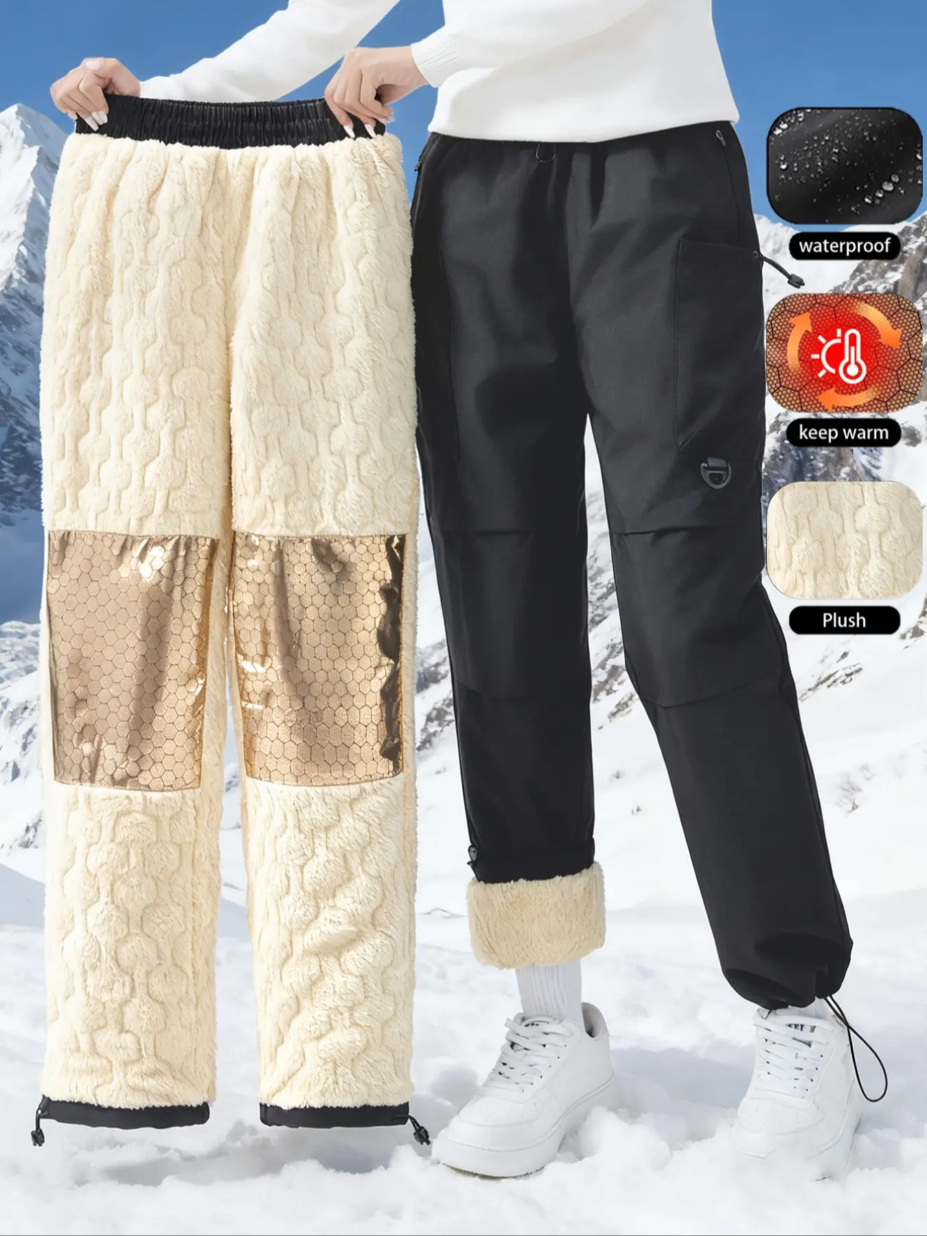 Women's Winter Fleece Outdoor Windproof Waterproof Sports Pants, Outdoor Jogging Pants, Runner Pants, Running Trousers, Zipper Pockets Thickened Warm Casual Trousers for Snowy Weather