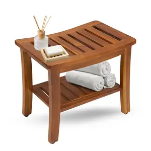 onncom Teak Wooden Shower Bench with Shelf 21 Inch, Wood Shower Stool & Spa, Bath Seat for Elderly, Indoor and Outdoor Use