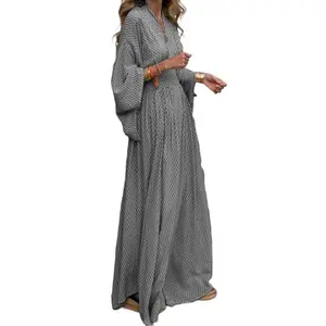 Womens Textured Maxi Dress Boho Kimono Sleeve V Neck Flowy Long Style Red Hue Loose Fit Comfortable Bohemian Aesthetic Casual Daily Festival Outfit on Trend Flowey Silhouette Must Have Womens Fashion