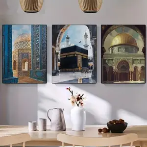 3pcs Jerusalem Al-Aqsa Mosque Islamic Art Wall Decor, Religious Home Decor, Vintage Style Wooden Frame, Room Bar Cafe Decoration, Mdf Material, China Harvested