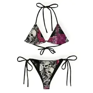Matching Couple Y2K Gothic Swimwear Set – Skull Print Pink Leopard Bikini & Men’s Board Shorts, Alternative Punk Rock Summer Beach Outfit, Lightweight Quick Dry