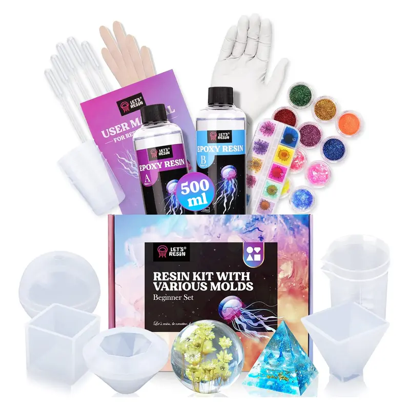 LET'S RESIN 16oz Self-Leveling Epoxy Resin Molds 1 Set DIY Kit for Beginners - Diy Jewelry Making Supplies, Minimalist Geometric Molds, 12 High-Pigment Glitters, Mica Powder, Safety Gloves