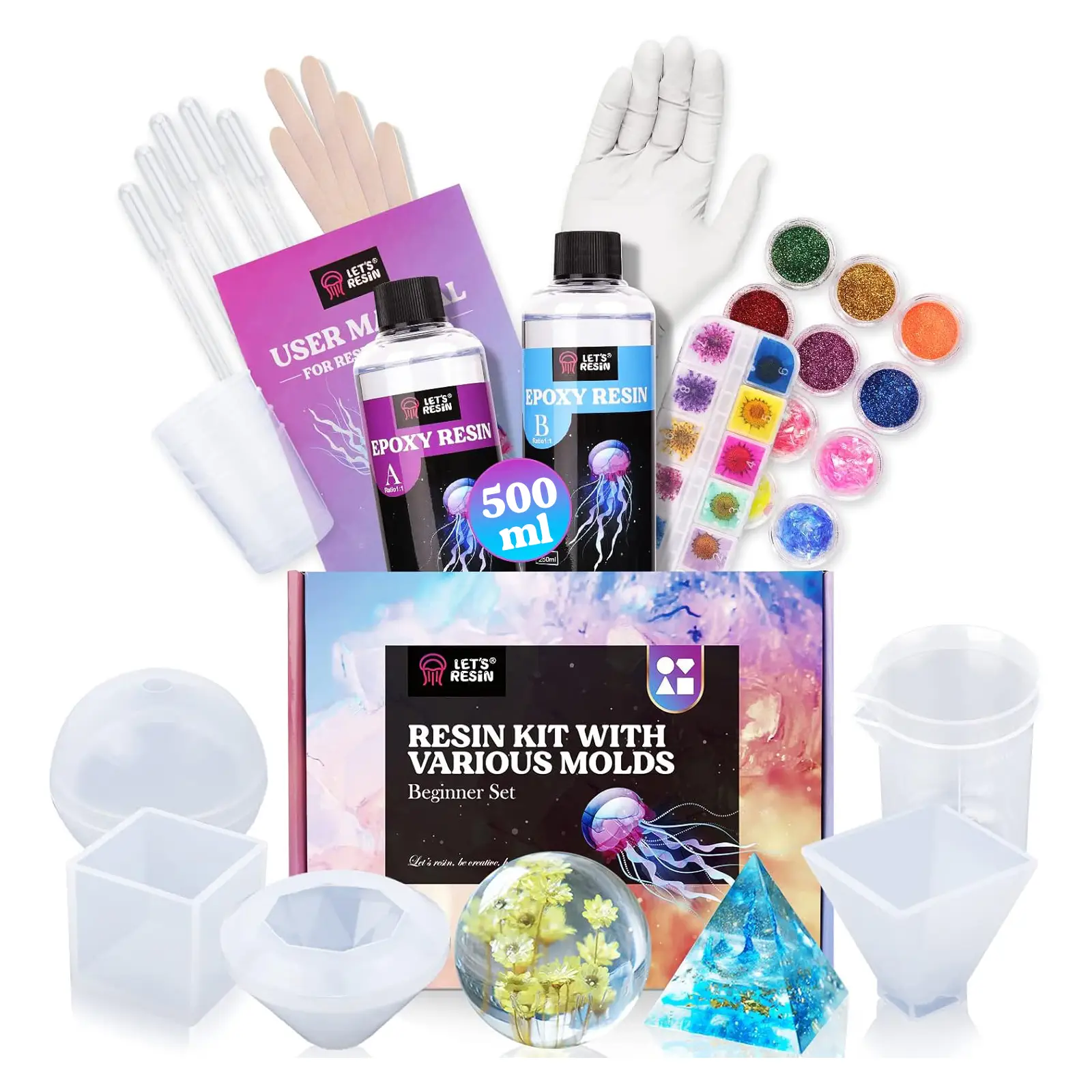 16OZ Resin Molds Silicone Kit Complete Set Bundle with Sphere, Pyramid Molds, Resin Epoxy Starter Kit & Coaster Molds Kit for Beginners, DIY Gift Craf