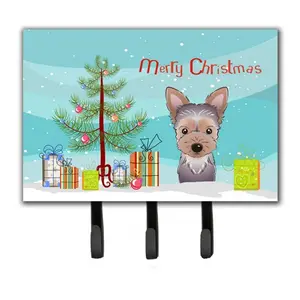 212 MAIN Christmas Tree & Yorkie Puppy Hanging Decor Hook - Hardboard Tile Metal Key Holder or Leash Hanger for Room Decor