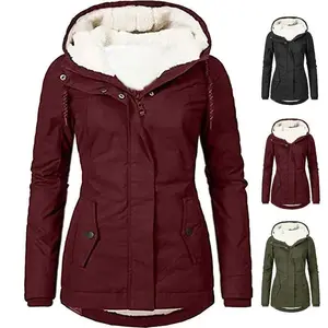 2025 women’s hooded zip-up jacket with a spliced design, loose casual fit with pockets, parka coat, regular thick long sleeves, warm solid color, autumn/winter camouflage design, plush sportswear, winter clothing GARMENTARY