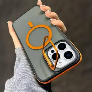 Skin-feeling frosted color contrast magnetic suction mobile phone case, suitable for iPhone17/16/15/14/13/12/11proMax multi-models, invisible lens bracket magnetic suction case, durable protective mobile phone case