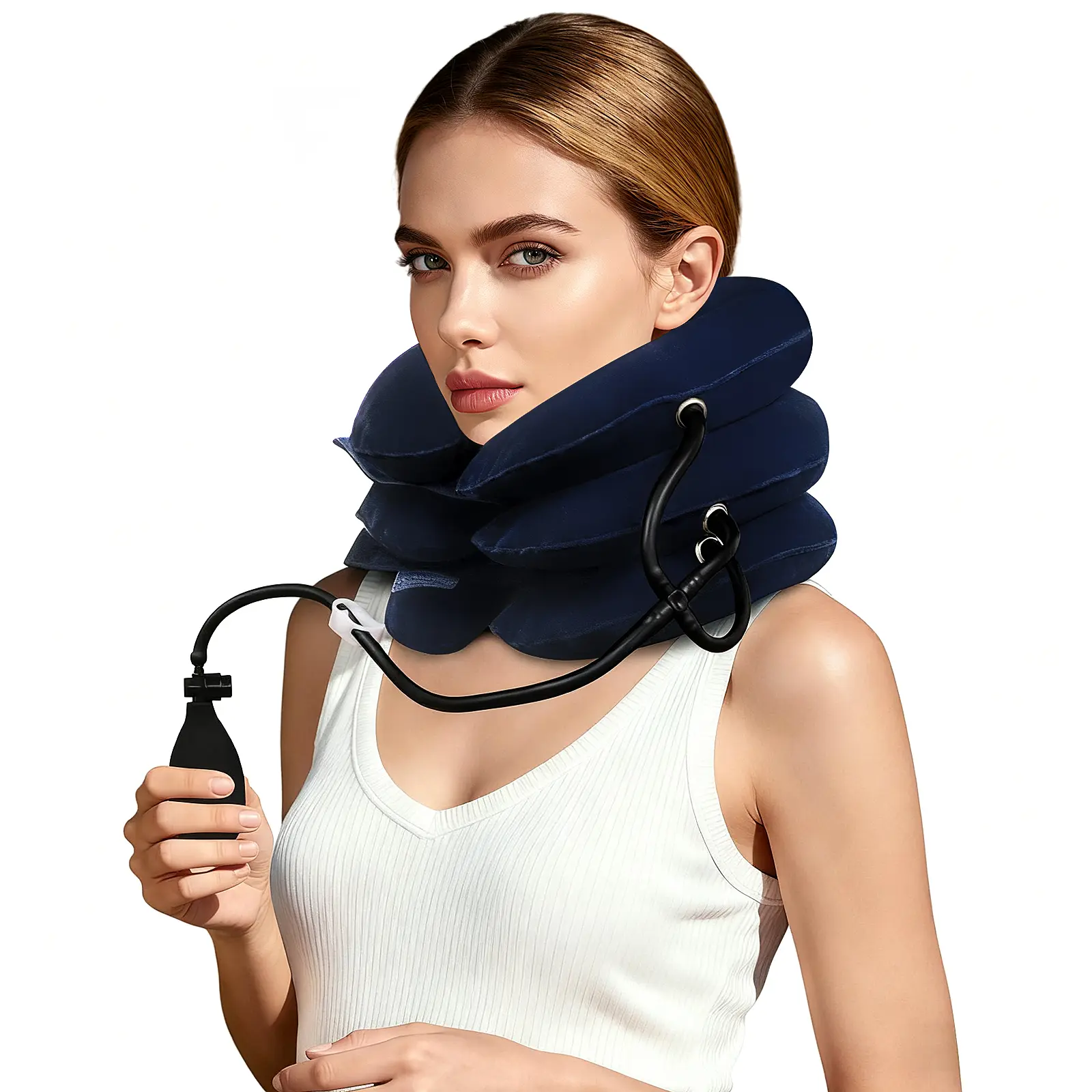 Inflatable Neck Traction Device - Adjustable, Lightweight, Durable Plush Fabric Support Collar for Stiffness & Soreness Relief, Washable Travel-Ready Brace for Home/Office Use