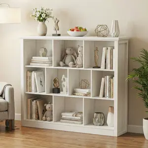 Homieasy 50" 10 Cube Storage Book Shelf Wide Wood Organizer 3 Tiers Floor Standing Low Bookcase for Living Room Bedroom Home Office Kids Room furniture