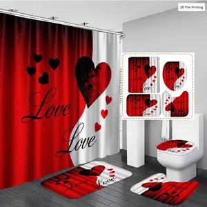 1/3/4PCS Valentine's Day Stylish s with Heart and Love Words Shower Curtain Set with Rugs, Non Slip Bath Mat, U-Shape Carpet, Toilet Lid Cover, Bathtub Curtain Accessories, 12 Hooks, Home Bathroom Festival De Bathroom Decoration Accessories