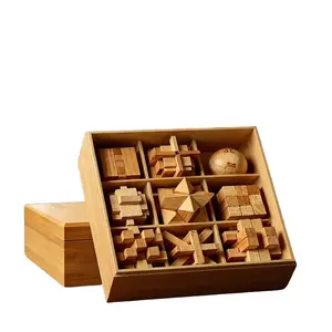 9PCS Handmade Beech Wood Interlocking Puzzle Kit - Adult Logic Mind Games