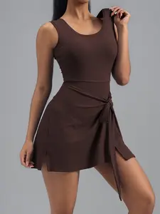 Women's Sleeveless Striped Sports Bodysuit, Sporty Comfy Jumpsuit, with bust pad, Slim-Fit Yoga Gym Workout, Casual Round Neck Above Knee Length, All Seasons Wear