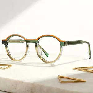 FYTOO Retro Round Glasses - Tortoiseshell Frame (Green/Orange Gradient) - Acetate Lightweight Glasses, Retro Style, Suitable for Daily Wear, Parties, Weddings, and Gifts - Compatible