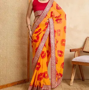 Celebrity Inspired Pure Gorgett Badhani Sequences and Lashed Sarees Fall Pico Done Running Blouse in Vibrant Yellow and Red