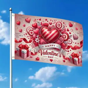 2D Flat Valentine’s Day Red Striped Heart Garden Flag – Double-Sided Outdoor Decoration with Ribbon Design, 3x5 Ft Hanging Banner for Courtyard, Porch, Romantic Holiday Yard Decor