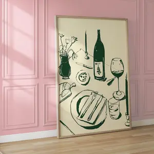 Modern Dining Room Wall Art, Minimalist Food Art, Dinner, Green Wine And Cheese Kitchen Decor, French Breakfast Print, Room Decor, Unframed