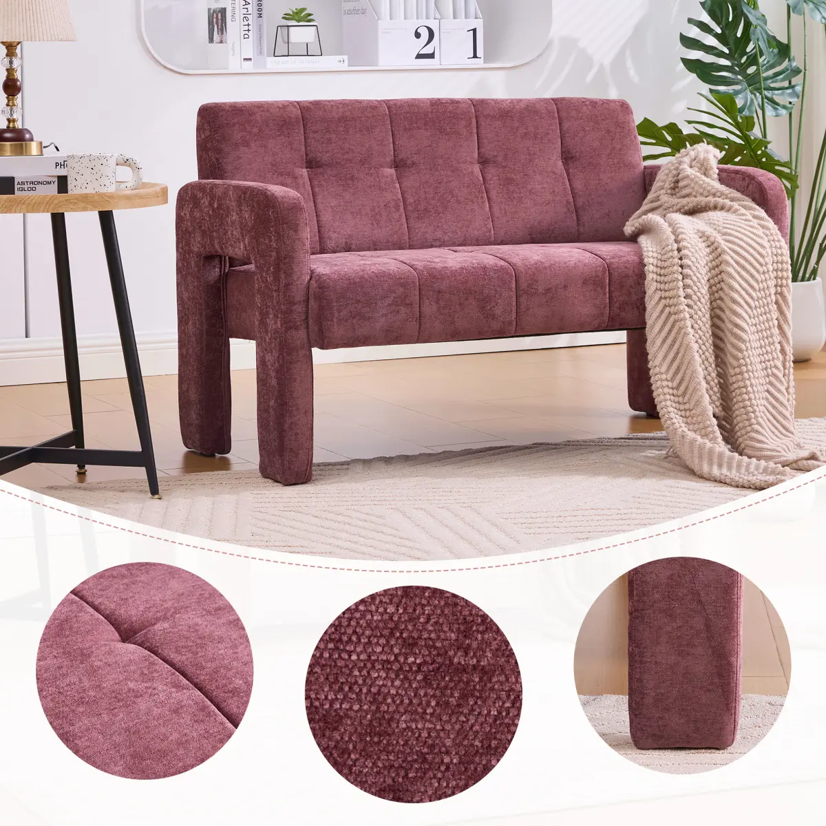 2-Seater Chenille Mini Loveseat - 48'' Nordic Modern Upholstered Couch with Fixed Arms, Cushion Seat, Sturdy Comfy Sofa for Living Room, Bedroom (Red)