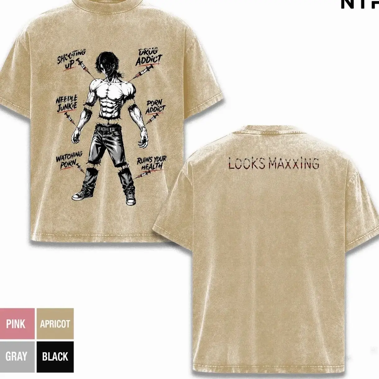 Looks Maxxing Vintage Washed Oversized T-Shirt - Drug Addict Muscle Anime Graphic Tee, Shooting Up Needle Junkie Porn Addict Design, Heavyweight Cotton Streetwear, Unisex Dark Humor Motivational Shirt GCR