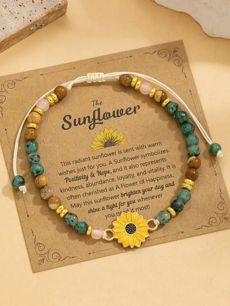 Women's Sunflower Pendant Bead Bracelet - Rose Quartz, African Turquoise, Durable Stainless Steel - Adjustable Gold & Brown Hope Kindness Sports Outdoor Fitness Hand Strengthener - Birthday Gift for Women, Turquoise Jewelry, Female, Positivity, Vitality