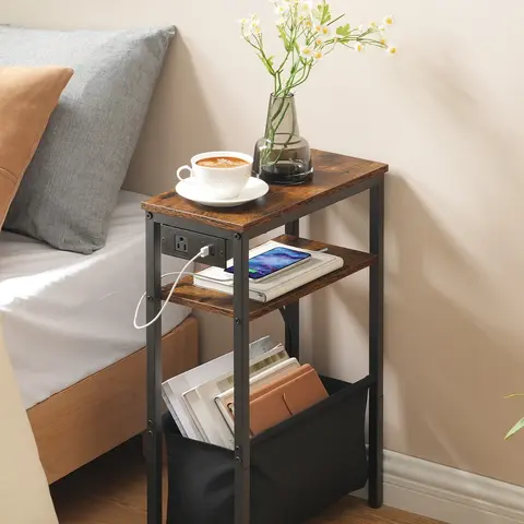 HOOBRO Rustic Brown & Black Narrow Rectangular Modern Side Table (44lb Capacity) - Stylish Bedside Table, Metal Frame Indoor Furniture with Charging Ports, Magazine-Storage Pouch, Space-Saving for Small Spaces, Power in 1 Spot#springtok