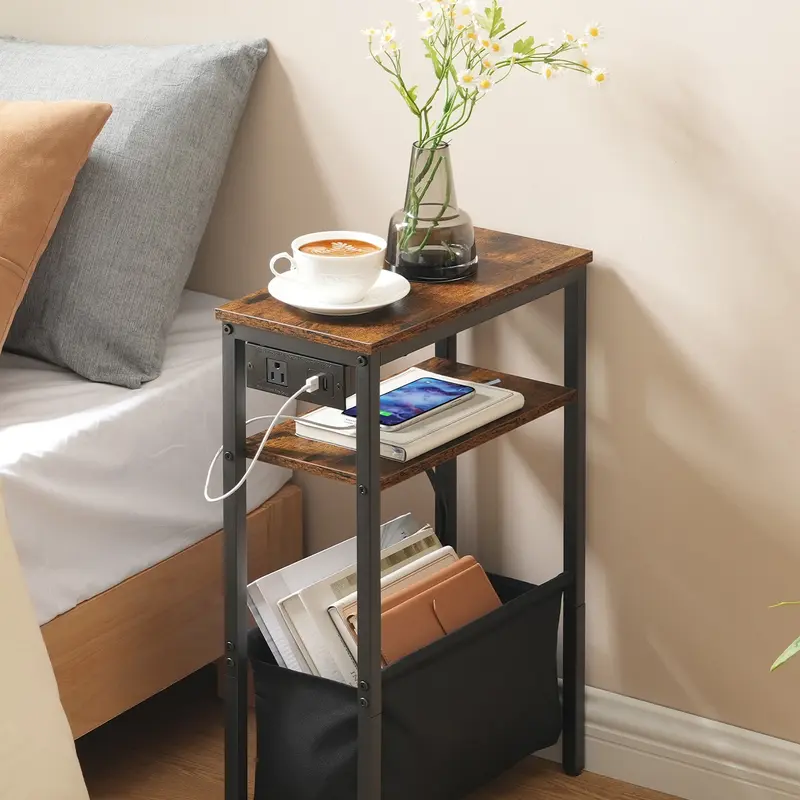 HOOBRO Rustic Brown & Black Narrow Rectangular Modern Side Table (44lb Capacity) - Stylish Bedside Table, Metal Frame Indoor Furniture with Charging Ports, Magazine-Storage Pouch, Space-Saving for Small Spaces, Power in 1 Spot#springtok