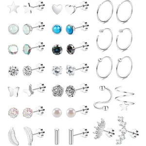 21 Pairs Surgical Steel Flat Back Earrings Set  Women Men Hypoallergenic 20G Stainless Steel Stud and Hoops Earrings  Sensitive Ears Small Cz Heart Star Moon Opal Cartilage Earrings