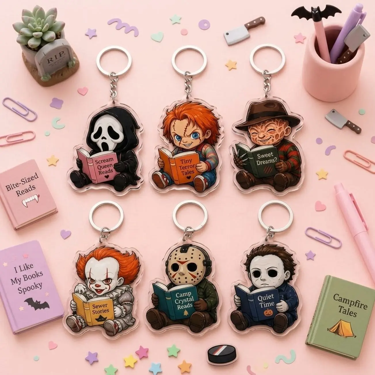 Horror Book Lover Acrylic Keychain Set – Ghostface, Chucky, Freddy, Pennywise, Jason & Michael Myers Reading Charms, Halloween Gift