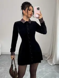 Elegant Velvet Leopard Print Dress, Slim Fit Women's Dress for Autumn Winter, Romantic Simple Style Ladies' Clothing