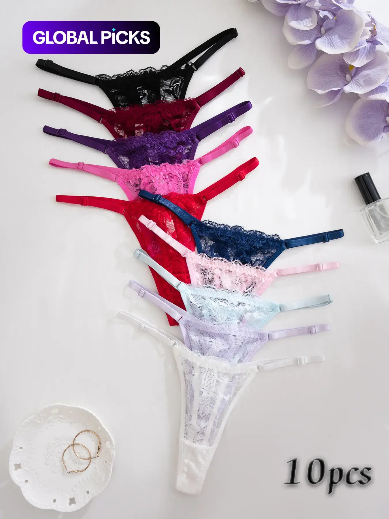 Women's Low Waist Lace Thong Panties, Sexy Fitted Adjustable Stretchy Design, Moderate Fabric Thickness, All Seasons Wear, Pack of 7 or 10 Pieces, Underwear, Drop Waist Panty