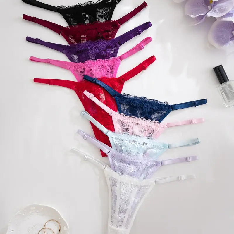 Women's Low Waist Lace Thong Panties, Sexy Fitted Stretchy Design, Moderate Fabric Thickness, All Seasons Wear, Pack of 7 or 10 Pieces, Underwear, Adjustable Strap Panty