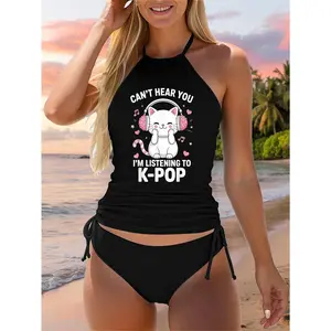 Can't Hear You I'm Listening to K-Pop Music Cat Kawaii Two Piece Swimsuit