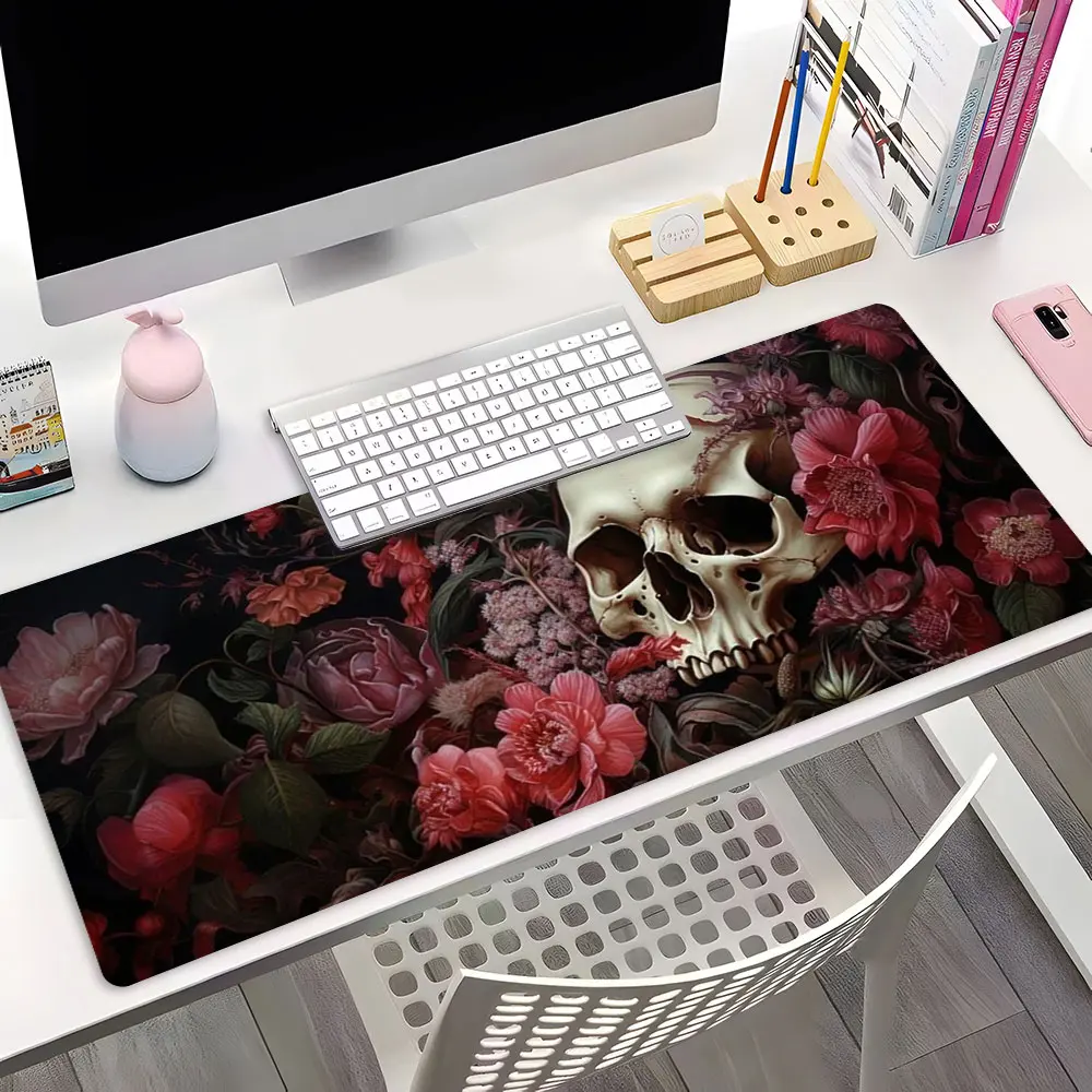 Dark Gothic Skull & Flower Large Gaming Mouse Pad, Gaming Desk Accessory, Aesthetic Desktop Drotection Pad, Washable Rubber Pad Non-Slip Lock Edge Multi-Size Mouse Pad Suitable For Home Office, Good Gift for Family and Friends