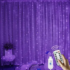 300 LED Purple Curtain Fairy Lights with Remote, 8 Modes 9.8 x 9.8 Ft USB Plug in Copper Wire Lights for Bedroom Window Chrismas Wedding Party romantic night