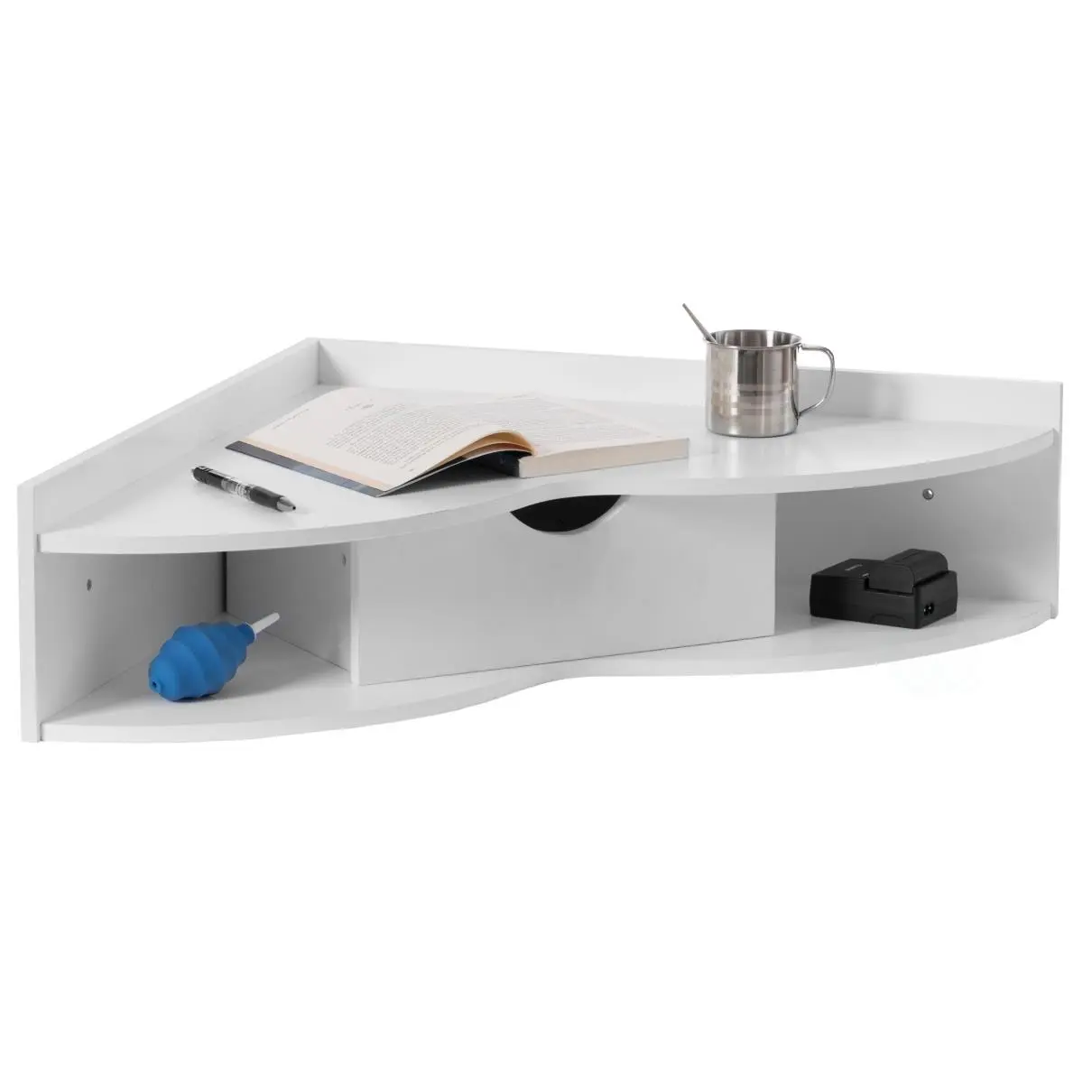 Basicwise QI004024.WT Modern White Engineered Wood Wall-Mounted Folding Desk with Drawer, Shelves, Cup Holder & Desk Surface - Small Space Home Office Study Solution, 23.5x33x7 in
