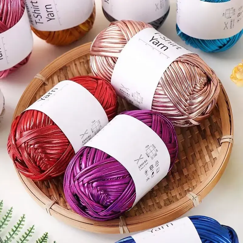 Metallic Color Cloth Yarn, Shiny Ribbon Thread, Crochet Thick Yarn, Chunky Yarn, DIY Handmade Materials, for Making Backpacks, Cushions, Shoes, Baskets