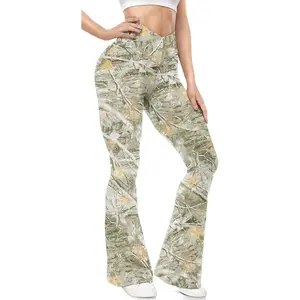 Women's Camo Slim-Fit Flared Leggings, Cross Waistband, High-Waisted Comfortable Casual Trousers Pants, Fashionable Daily Wear Darryl Comment Moment