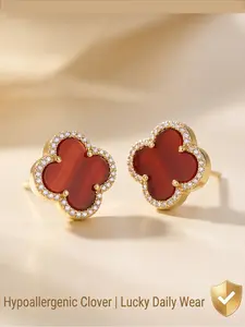 Women's Hypoallergenic Lucky Agate Four Leaf Clover Stud Earrings, Gold Plated Rhinestone Halo Classic Clover Earrings, Timeless Fashion Jewelry for Everyday Wear & Gift