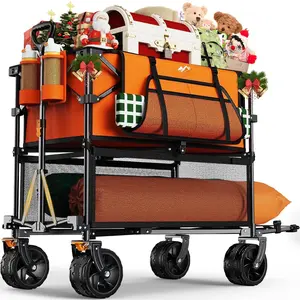 Foldable 50''L Extra Long Double Decker Wagon for , 400L Collapsible Heavy Duty Wagon Cart with Big Wheels, Utility -Terrain Large Extender Cart for Outdoors, Orange