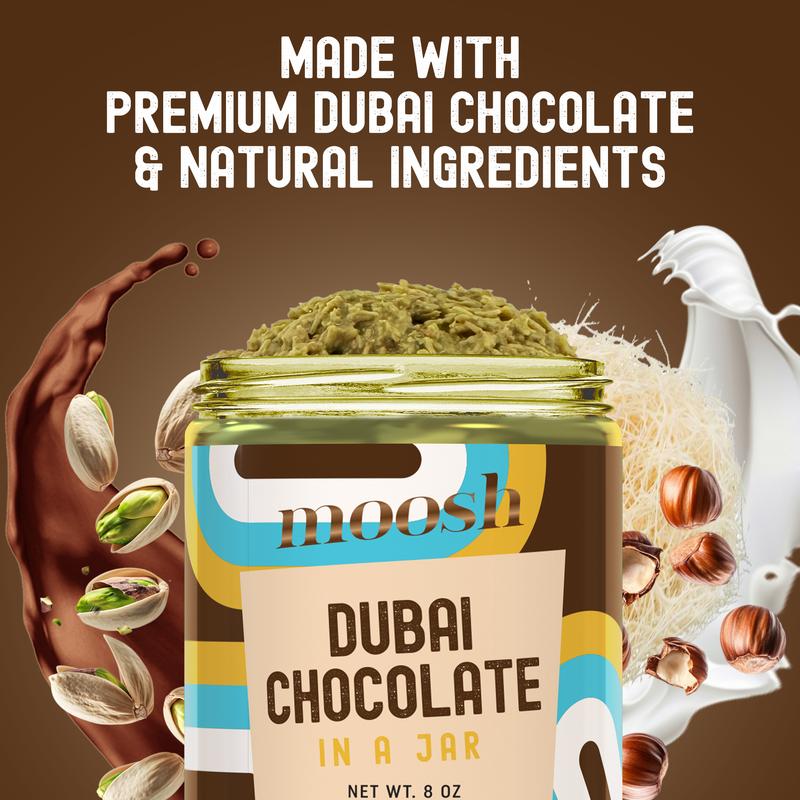 Moosh Dubai Chocolate Jar – Pistachio & Kataifi Chocolate Dessert Spread & Snack, Perfect by the Spoon, for Toast, Pastries & Candy Making (8 oz)