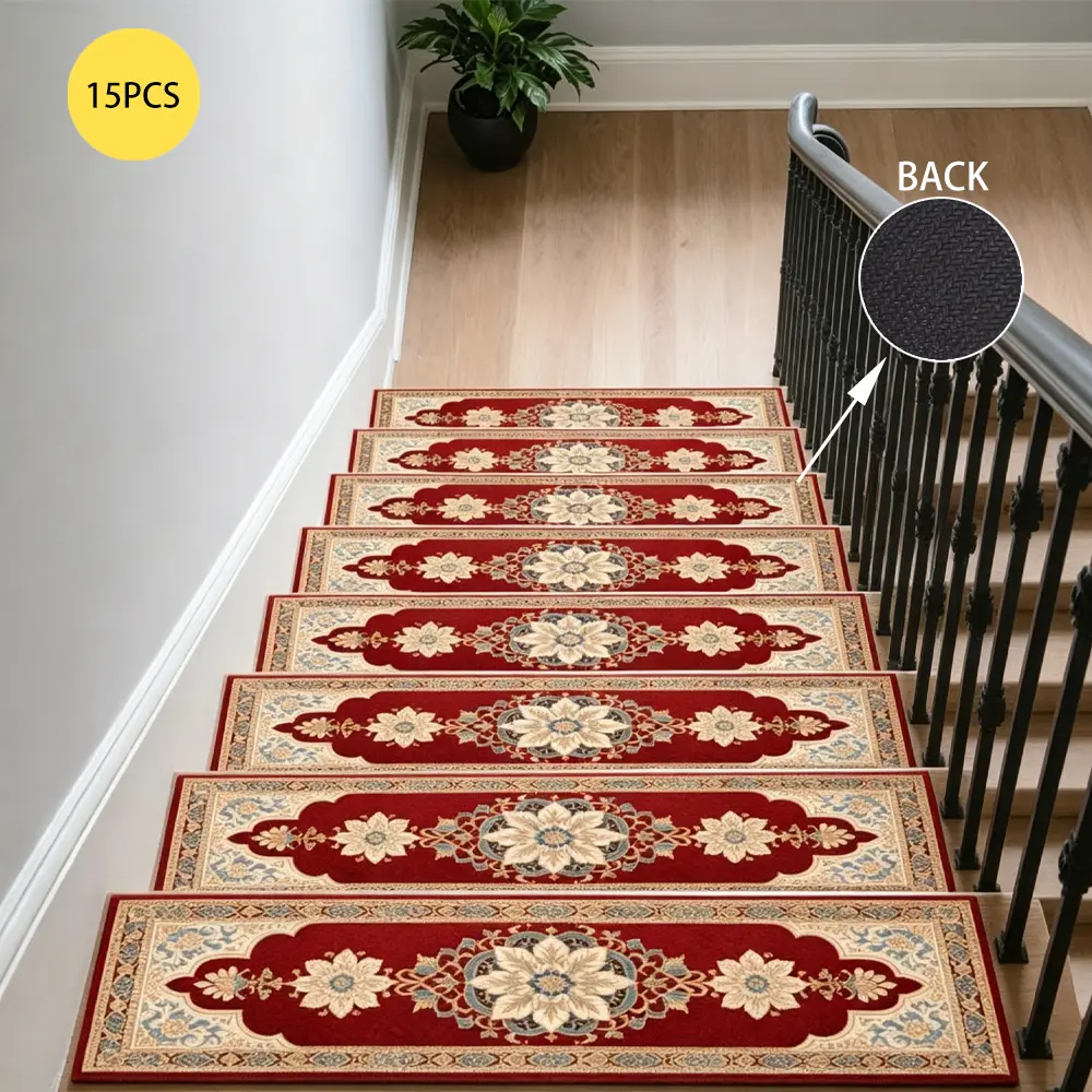 15 Pack Vintage Floral Stair Treads 8×30in Thin Carpet, No Adhesive Backing, Noise Reducing Non Slip Stair Mats for Wooden Steps Kids Pets Indoor Home, Please Check Size & Material Before Purchase