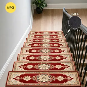 [HarleyLand] Non Slip Carpet Stair Treads 15 Pack 8"×30", Vintage European Floral Burgundy Stair Mats for Wooden Steps, Rubber backing No need to paste, easy installation Noise Reducing Stair Runners for Kids Pets Elderly Indoor Home Staircase