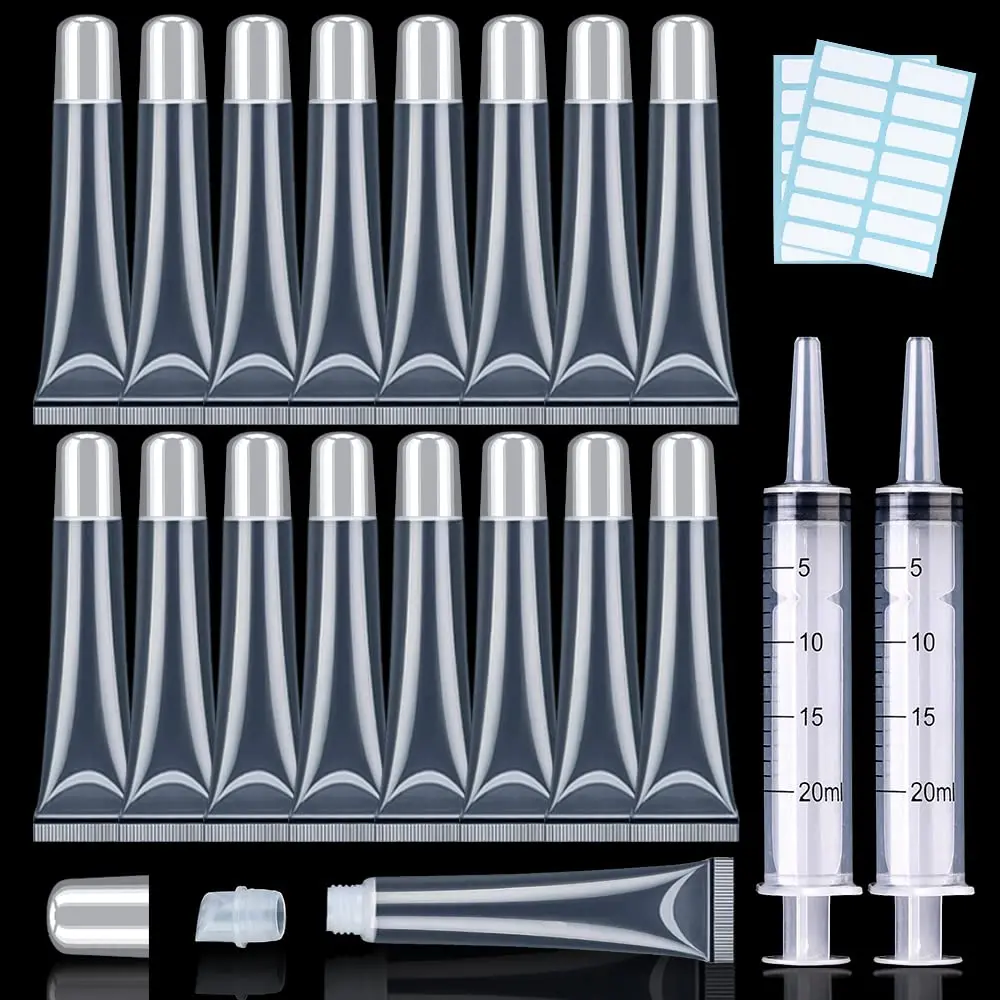 50 count  Cap Lip Gloss Containers - Refillable  Squeeze Tubes + 2 x 20ml  & Labels for DIY Lip Gloss Base