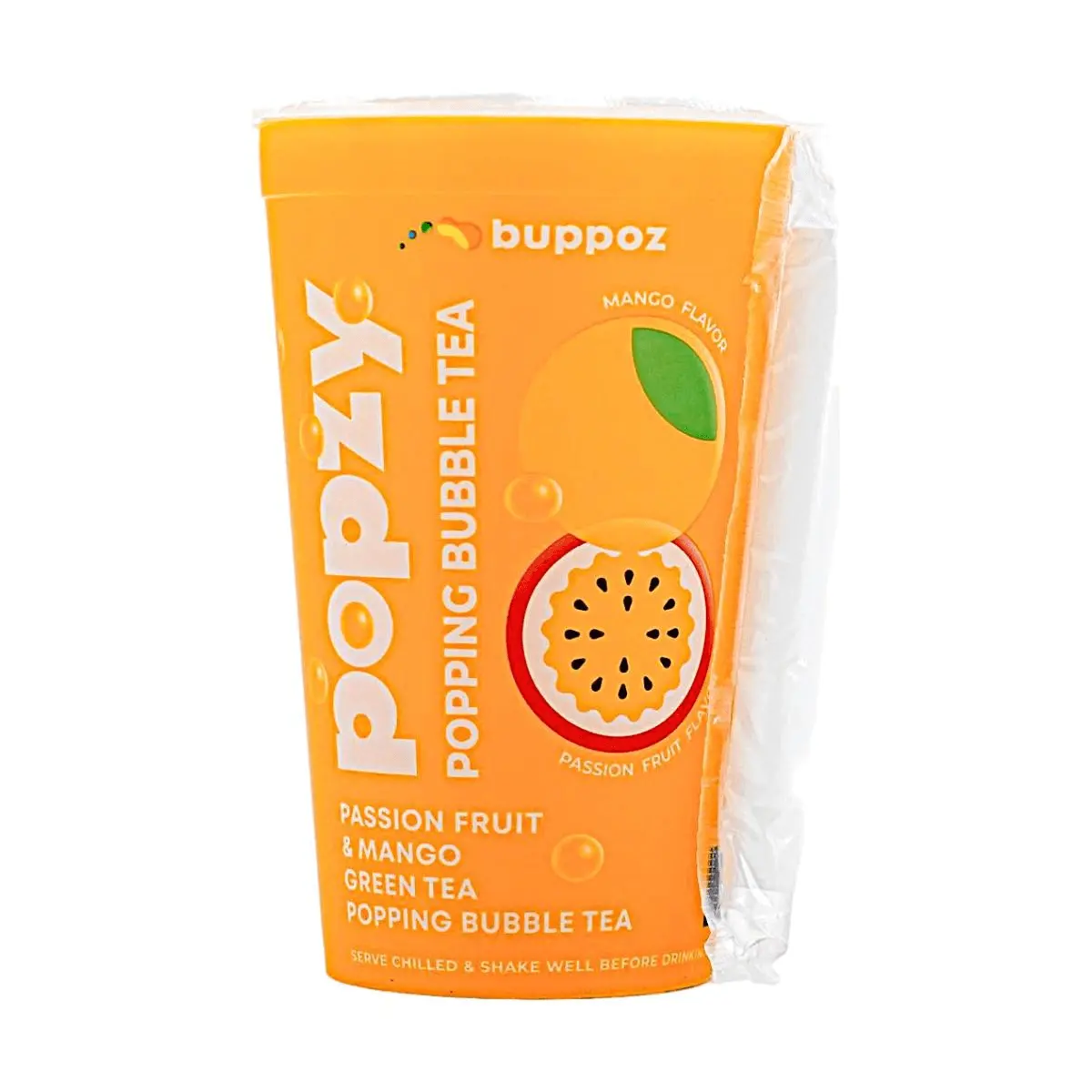 BUPPOZ Korean Popzy Green Tea Drink with Passion Fruit Mango Flavor, Bursting Boba Pearls & Plastic Cups - Refreshing 335ml Beverage