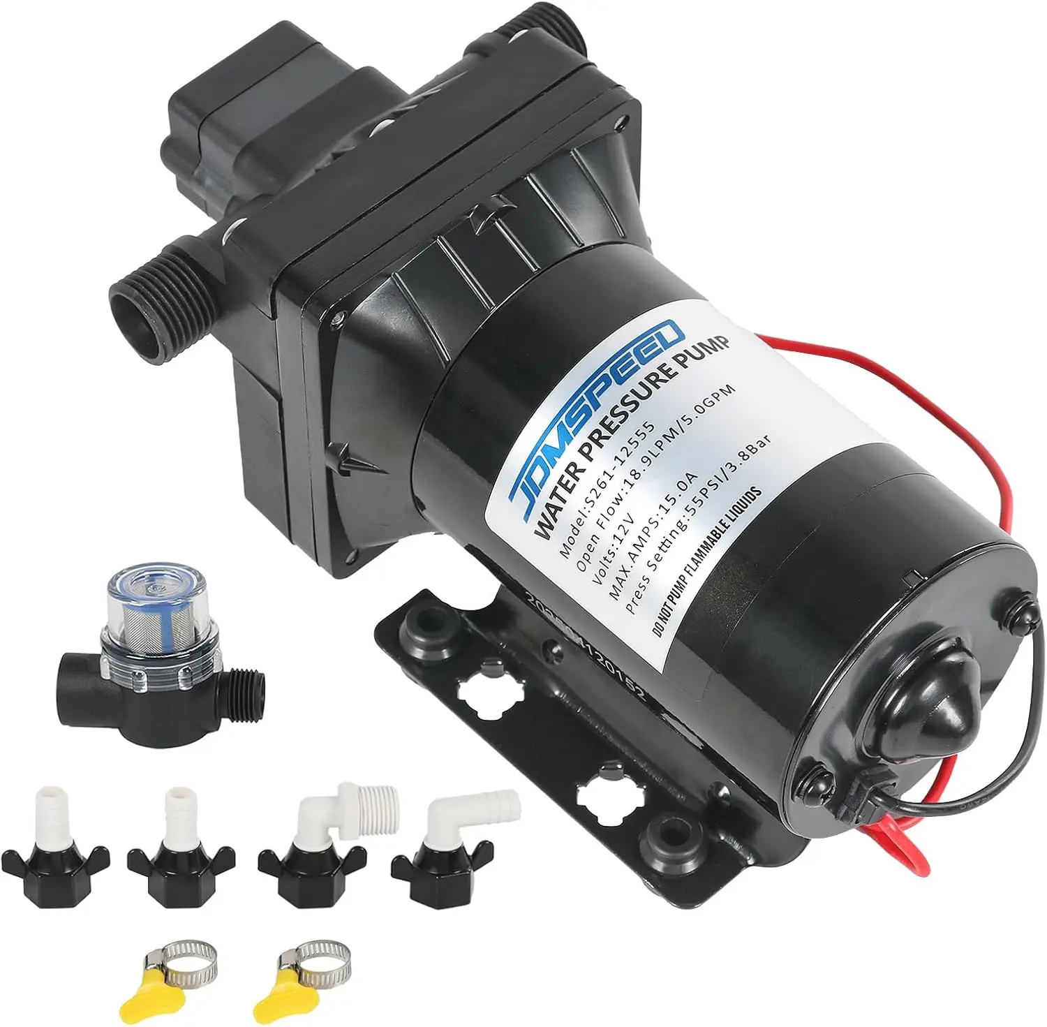 12V DC Battery Powered Revolution Water Pump - 5.0 GPM, 55 PSI, Built-in Check Valve, Thermal Safe, Compatible with Camper, Kitchens, Bathroom, Garden Watering Plumbing Systems