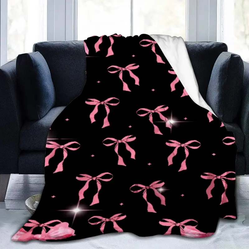 Glam Bowknot Pink Flannel Blanket - Soft Plush Bedspread, Cozy Couch Cover, Machine Washable Bedding for Travel, Available in Pink & Multi-Color Options, Cozy Bed Cover