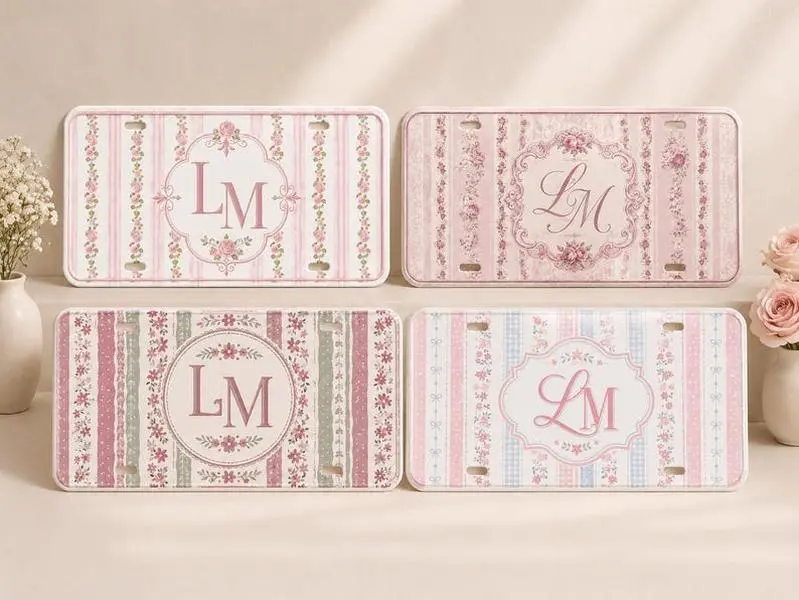 [ BEST SELLER ] Personalized Floral Monogram License Plate, Custom Pink Rose Car Tag, Initial Vanity Plate, Shabby Chic Car Decor, Gift for Her